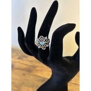 Turquoise Style Adjustable Ring Silver Tone Filigree Flower Statement Ring Boho
